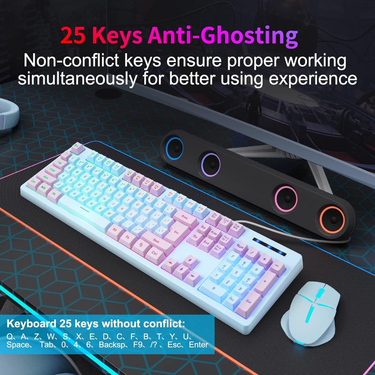 HUO JI Gaming Keyboard USB Wired with Rainbow LED Backlit, Quiet Floating Keys, Mechanical Feeling, Spill Resistant, Ergonomic for Xbox, PS Series, Desktop, Computer, PC, Blue Purple