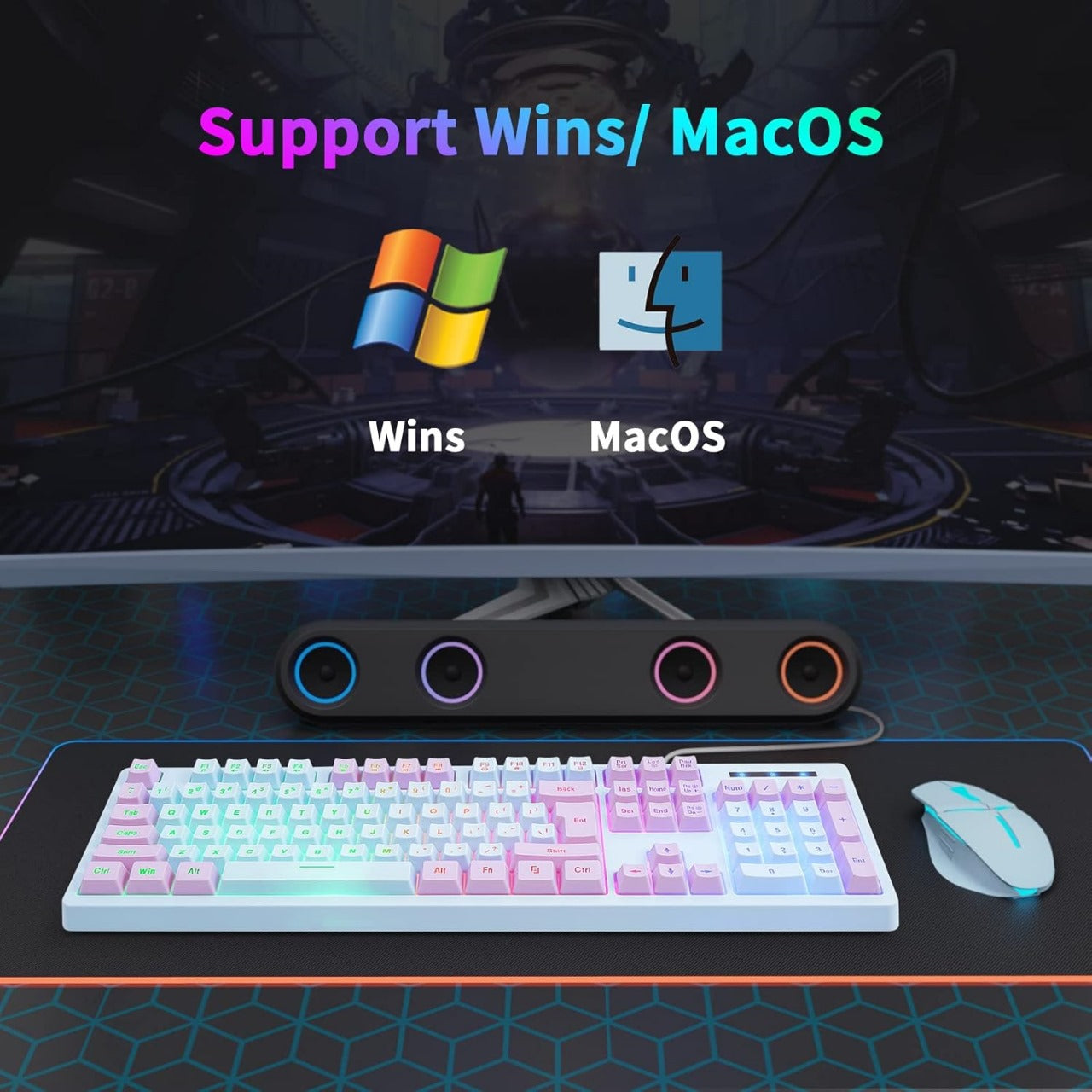 HUO JI Gaming Keyboard USB Wired with Rainbow LED Backlit, Quiet Floating Keys, Mechanical Feeling, Spill Resistant, Ergonomic for Xbox, PS Series, Desktop, Computer, PC, Blue Purple