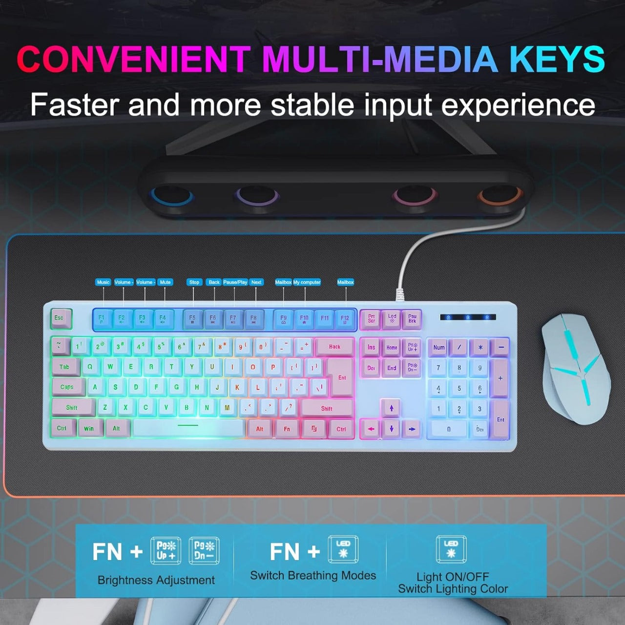 HUO JI Gaming Keyboard USB Wired with Rainbow LED Backlit, Quiet Floating Keys, Mechanical Feeling, Spill Resistant, Ergonomic for Xbox, PS Series, Desktop, Computer, PC, Blue Purple