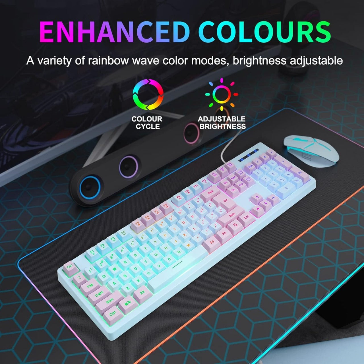 HUO JI Gaming Keyboard USB Wired with Rainbow LED Backlit, Quiet Floating Keys, Mechanical Feeling, Spill Resistant, Ergonomic for Xbox, PS Series, Desktop, Computer, PC, Blue Purple