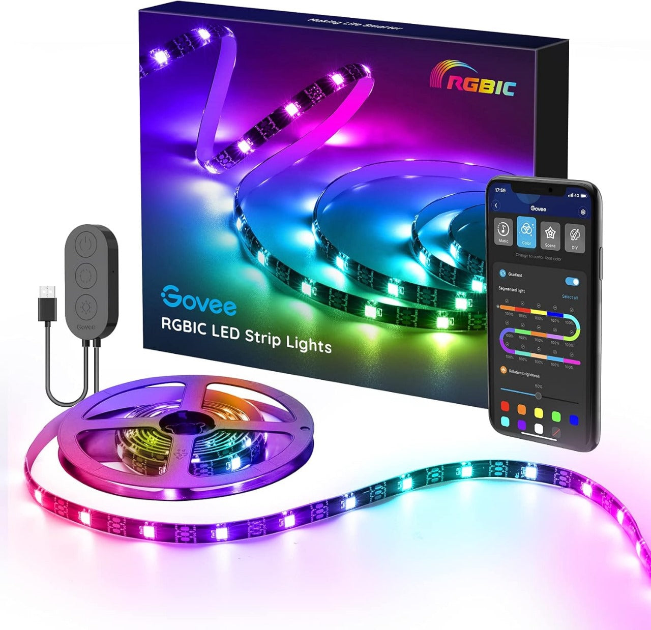 Govee DreamColor LED Strip Lights with APP, 6.56FT/2M USB Light Strip Built-in Digital IC, 5050 RGB Strip Lights, Color Changing with Music Waterproof Led Strip Lights Kit, LED TV Backlight Strip