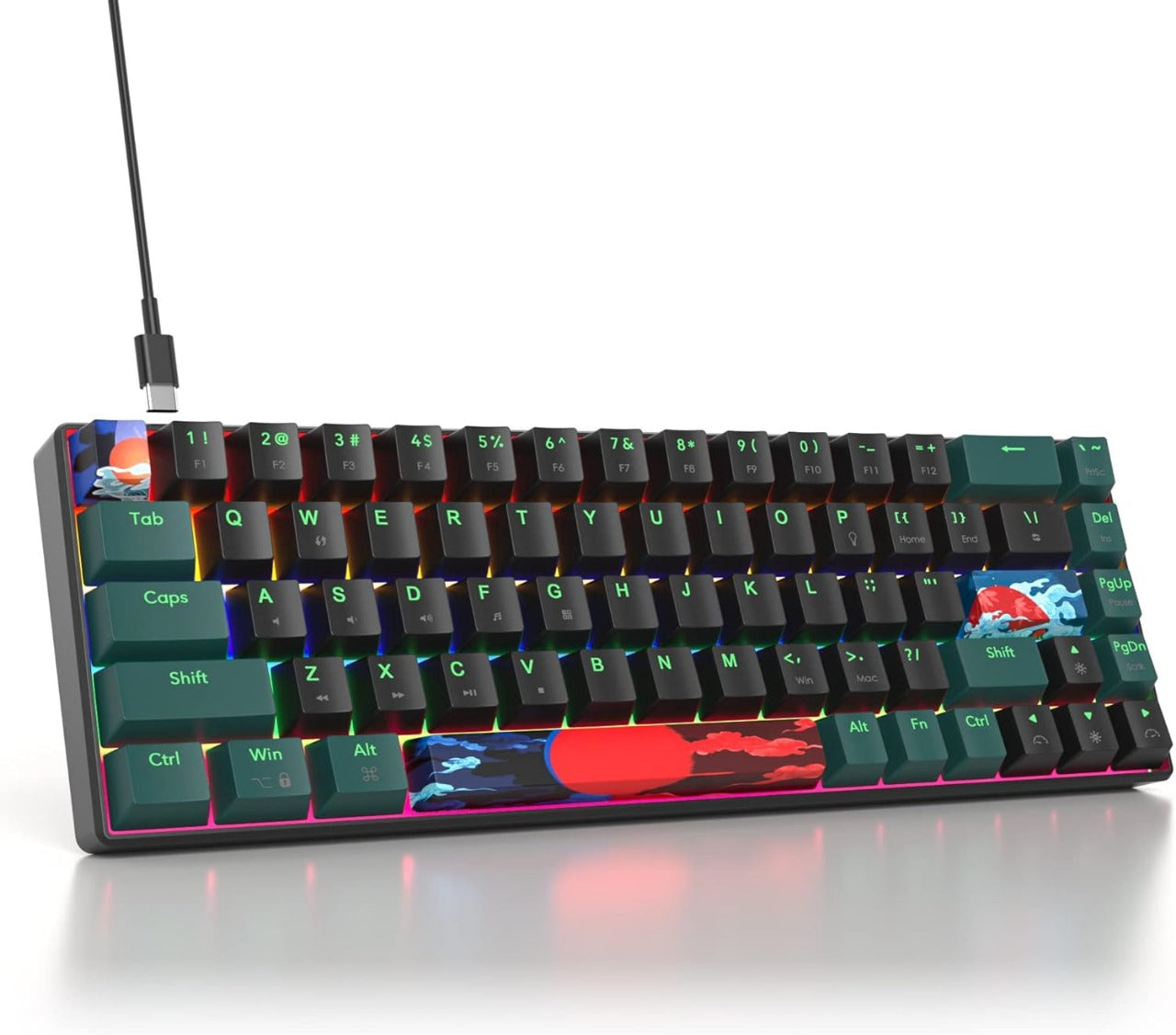 SOLIDEE Mechanical Gaming Keyboard 65%, 68 Keys with Linear Red Switch, Wired Mechanical Keyboard with LED Backlight, Mixed Light Compact Keyboard (68 Black-Green)