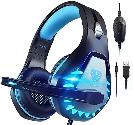 BUTFULAKE GH-1 Gaming Headset for PS5, PS4, Xbox One, Xbox One S, PC, Nintendo Switch, Mac, Laptop, 3.5mm Wired Pro Stereo Over Ear Gaming Headphones with Noise Cancelling Mic, LED Light, Blue