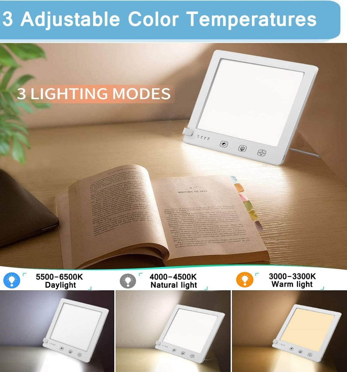 Light Therapy Lamp, 2000-10000 Lux Portable Natural Sunlight Lamp LED Light Box with 3 Adjustable Brightness Levels,Full UV-Free LED Spectrum,Touch Control