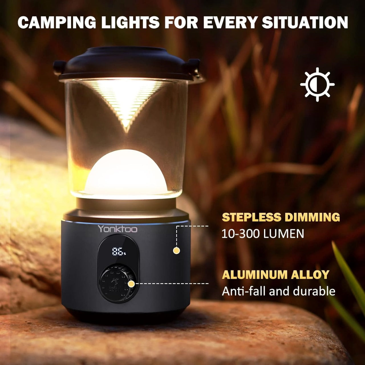 Yonktoo Camping Lantern 10400 mAh Rechargeable Lantern with LED Screen & Aluminum Alloy Shell, 300LM Camping Light, 5 Modes Camping Lamp, IPX5 Waterproof Lights & Lanterns as PowerBank, Last Up 500H