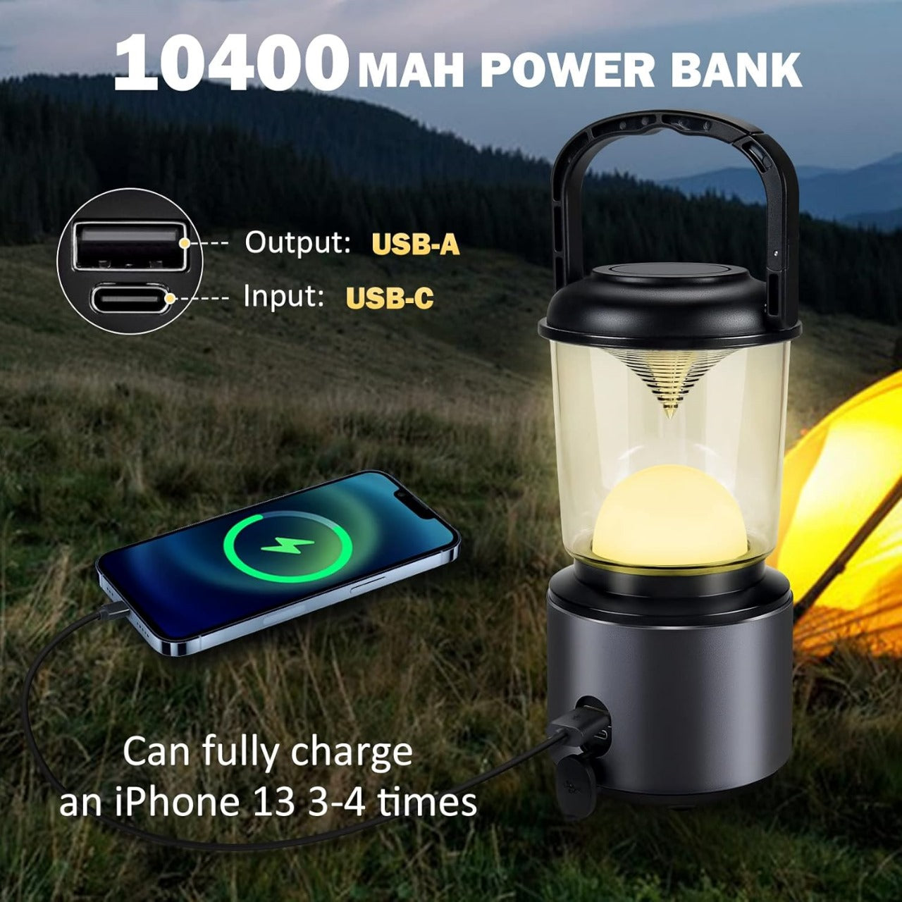 Yonktoo Camping Lantern 10400 mAh Rechargeable Lantern with LED Screen & Aluminum Alloy Shell, 300LM Camping Light, 5 Modes Camping Lamp, IPX5 Waterproof Lights & Lanterns as PowerBank, Last Up 500H