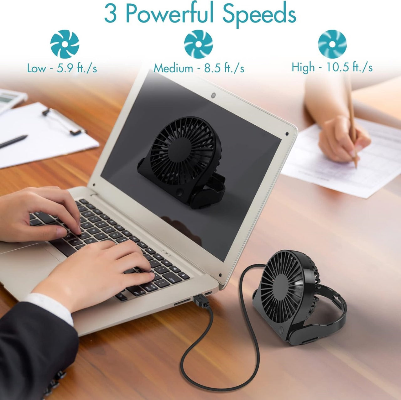 Mini USB Table Fan, 3 Speeds Personal Desktop Fan with Pasteable Hook, 360°Rotatable Portable Strong Airflow Cooling Small Fan For Desk, Home, Kitchen, Office, Bedroom, Car