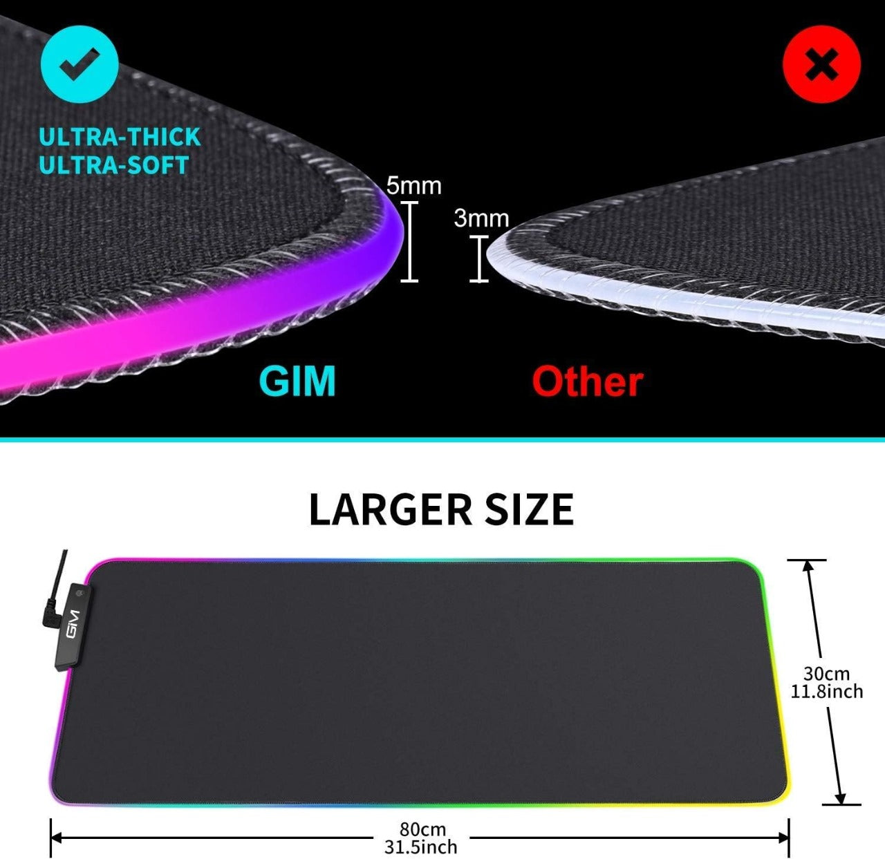 GIM RGB Gaming Mouse Pad Large, Extended LED Soft Led Mouse Pad, Anti-Slip Rubber Base, Computer Keyboard Mouse Mat Waterproof with 14 Lighting Modes 5mm Ultra Thick (31.5 x 12 x 0.2 Inch)