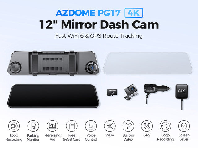 AZDOME PG17 2CH Mirror Dash Cam 4K with 12" Touch