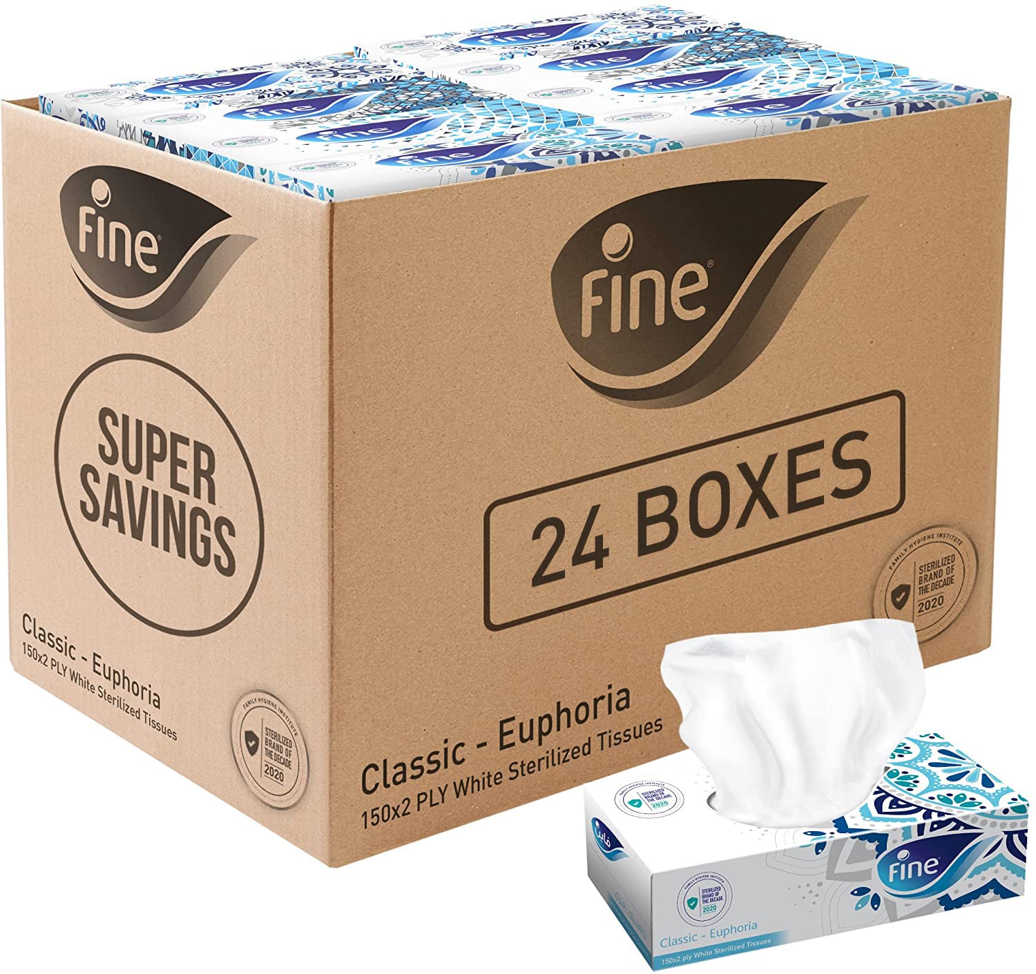 Fine® Classic Euphoria Facial Tissue 200 Sheets X 2 Ply, Bundle Of 24. Fine Variety Sterilized Tissues For Germ Protection