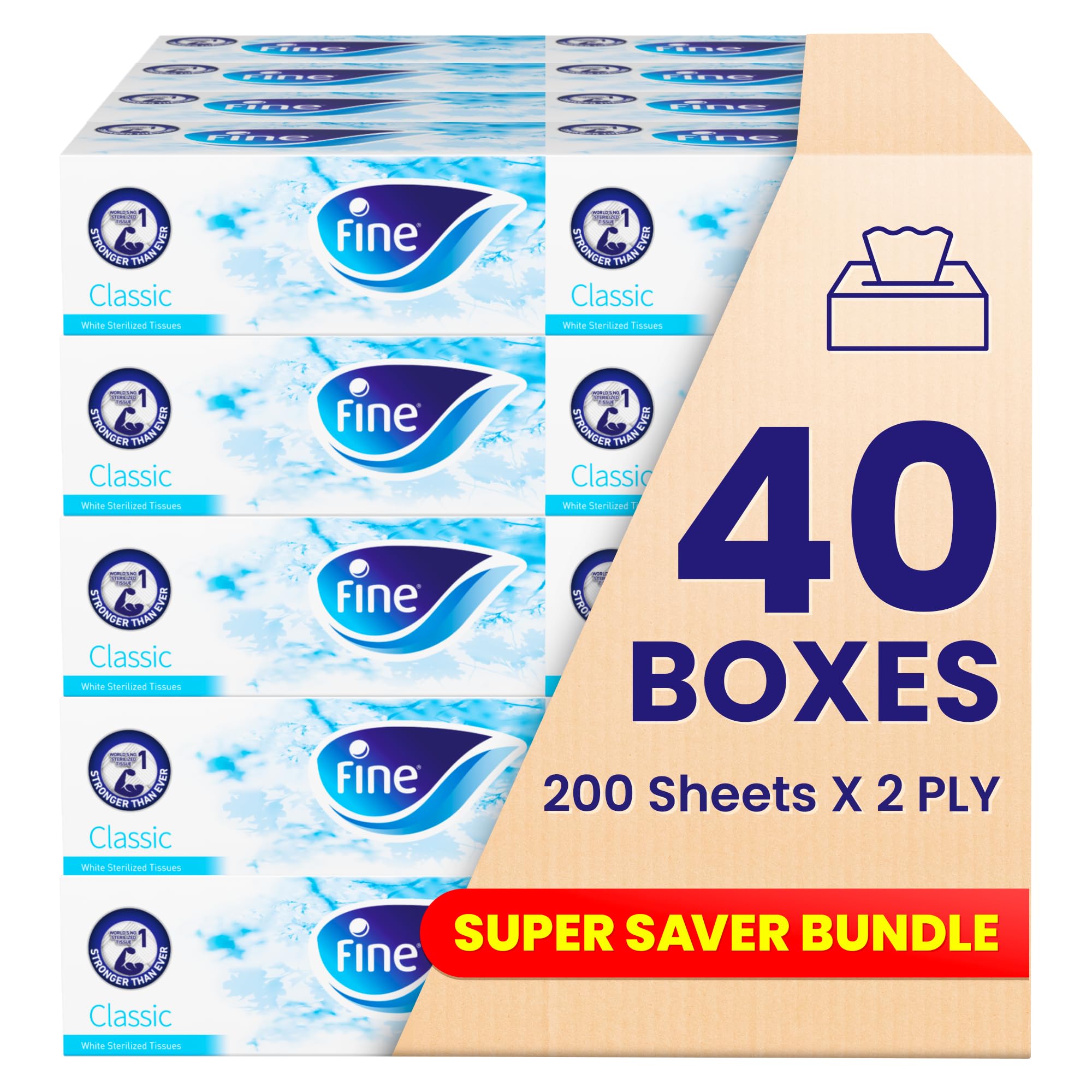 Fine Facial Tissue Boxes, 40 Packs of 200 Sheets x 2 Ply