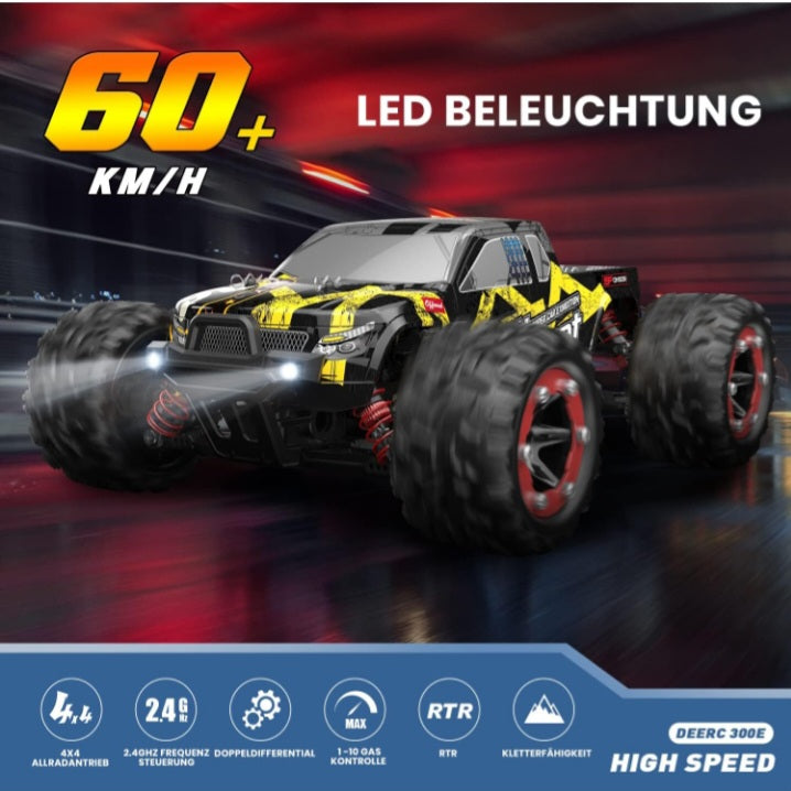 Deerc - 1:18 Scale Remote Control Car, 60km/h Brushless Motor, 4WD Fast Racing Car with 2 Batteries for 40 Minutes Runtime, 2.4GHz, 2 Body Shops for Adults and Kids, 300E